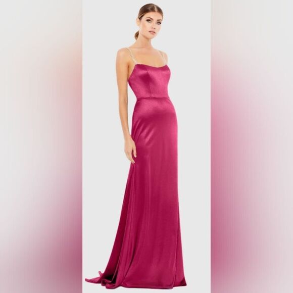 Mac Duggal 12428 Pink Charmeuse Rhinestone Strap Trumpet Gown NWOT size 6 - Picture 1 of 7